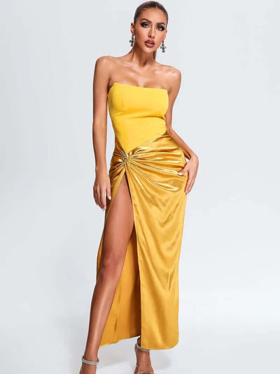 Yellow Corset Satin Slit Midi Dress