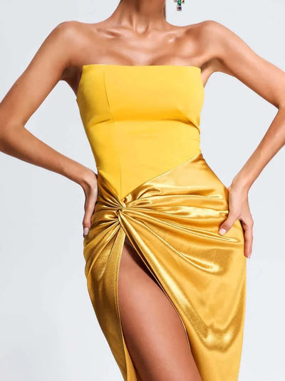 Yellow Corset Satin Slit Midi Dress